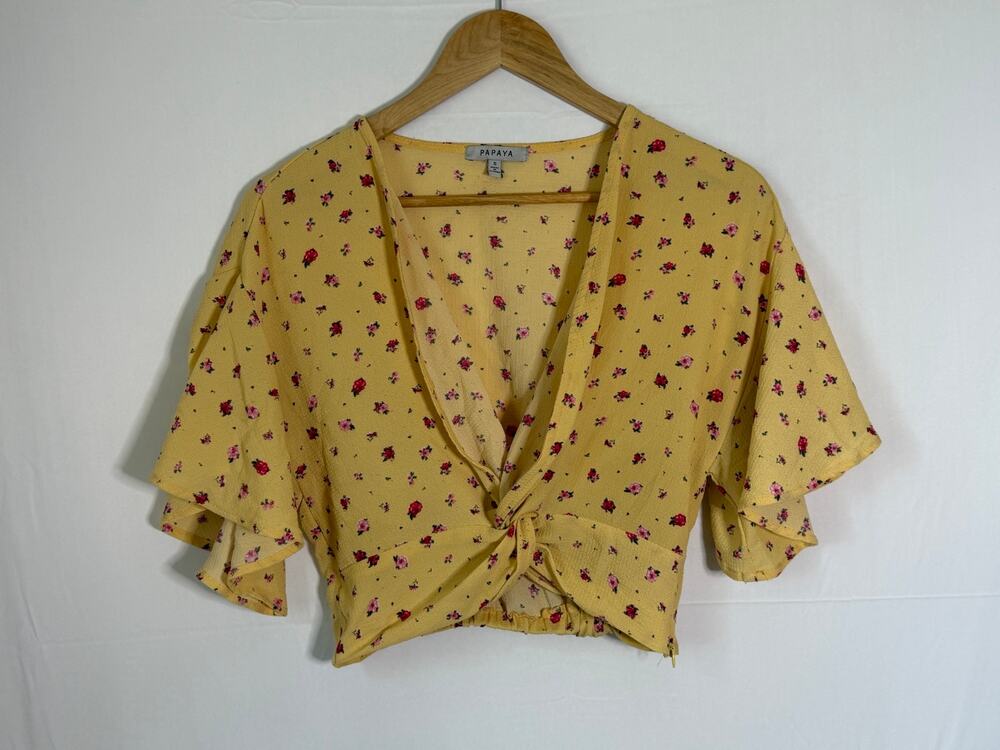 Papaya Yellow Floral Tie Front Crop Top Women’s Size Small Boho Cottagecore
